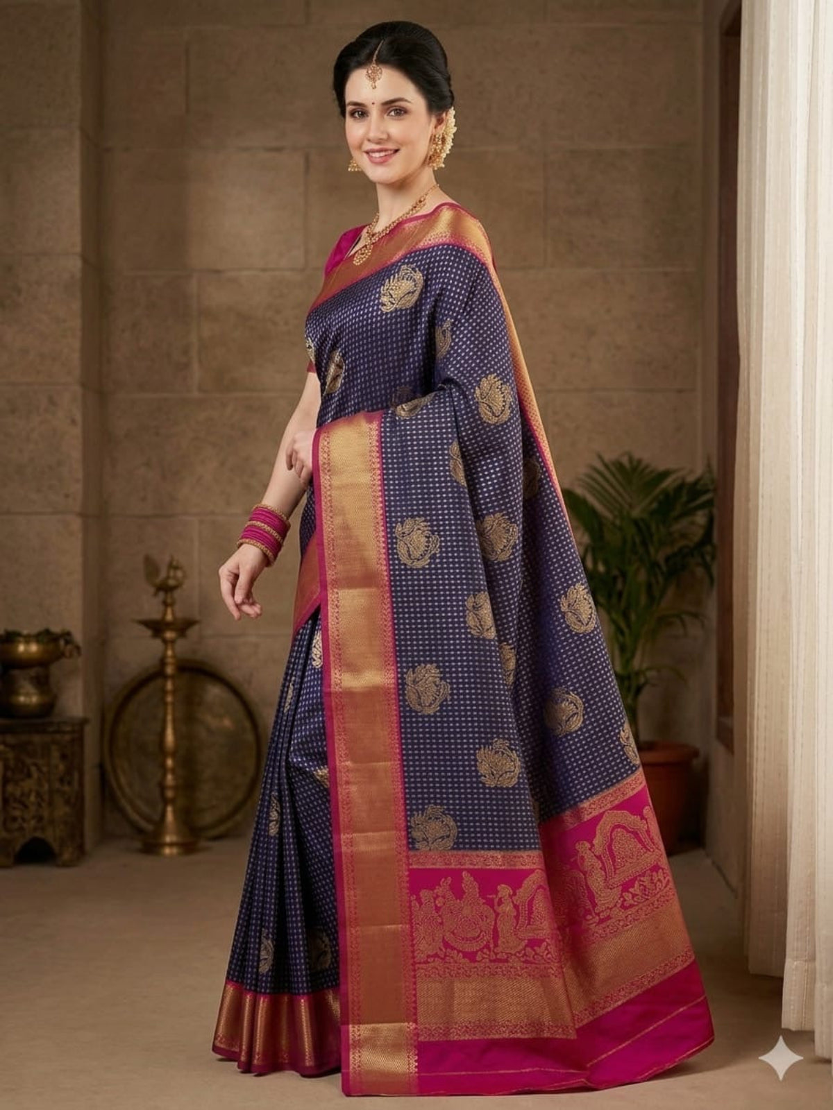 Fuchsia & Teal Heritage Silk Saree with Mythological Border
 - D00033