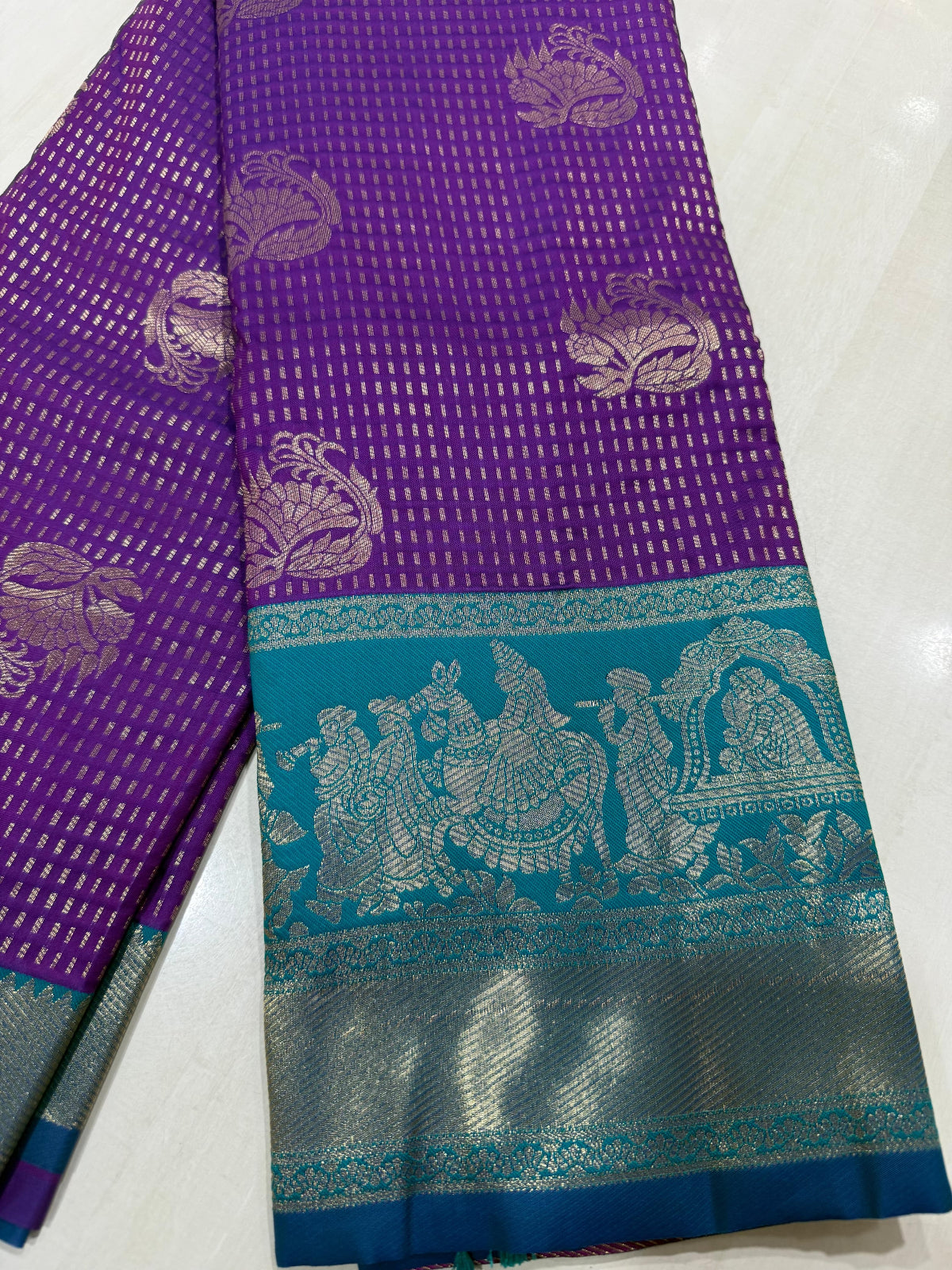 Fuchsia & Teal Heritage Silk Saree with Mythological Border
 - D00032