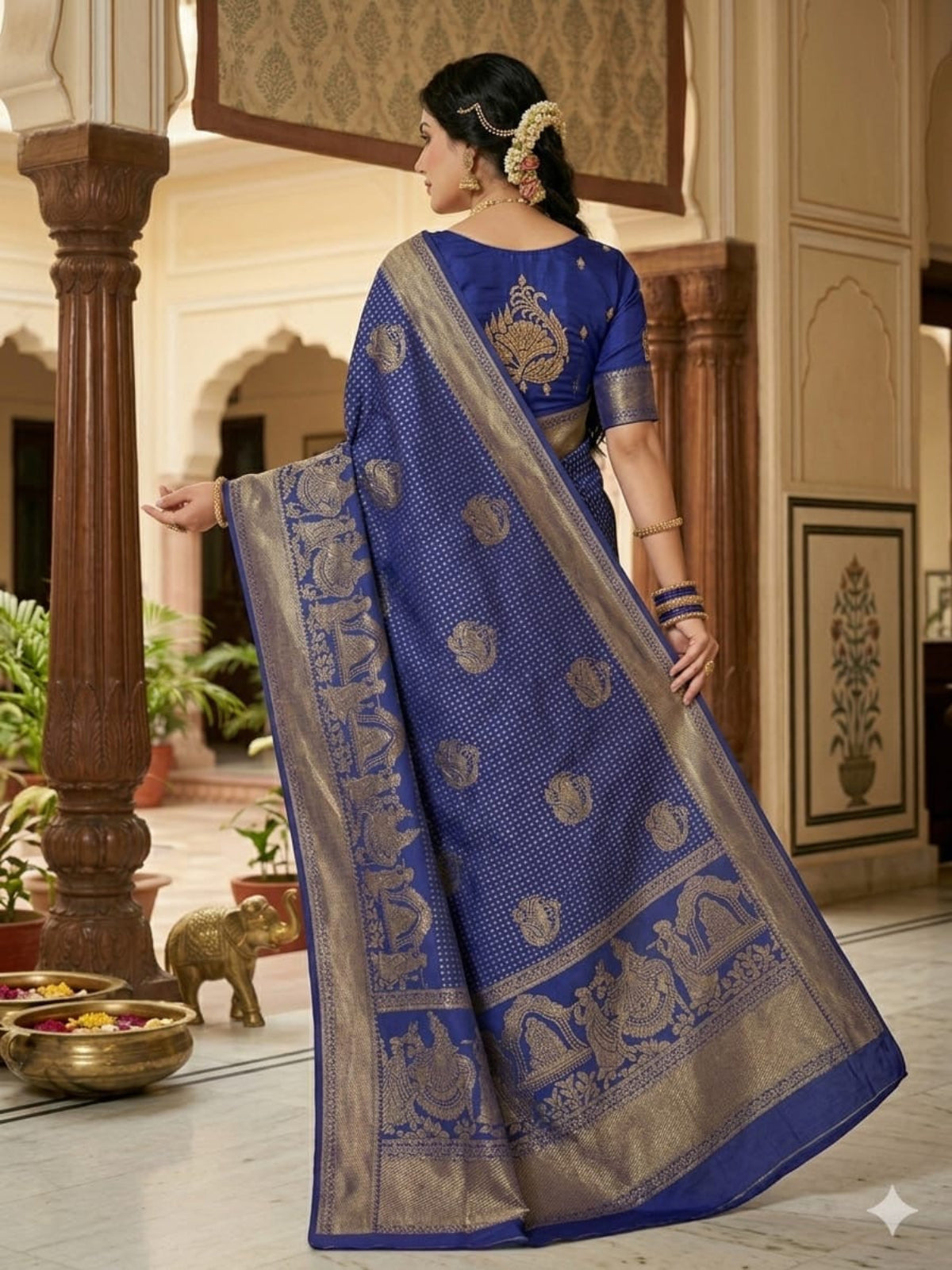 Fuchsia & Teal Heritage Silk Saree with Mythological Border
 - D00035