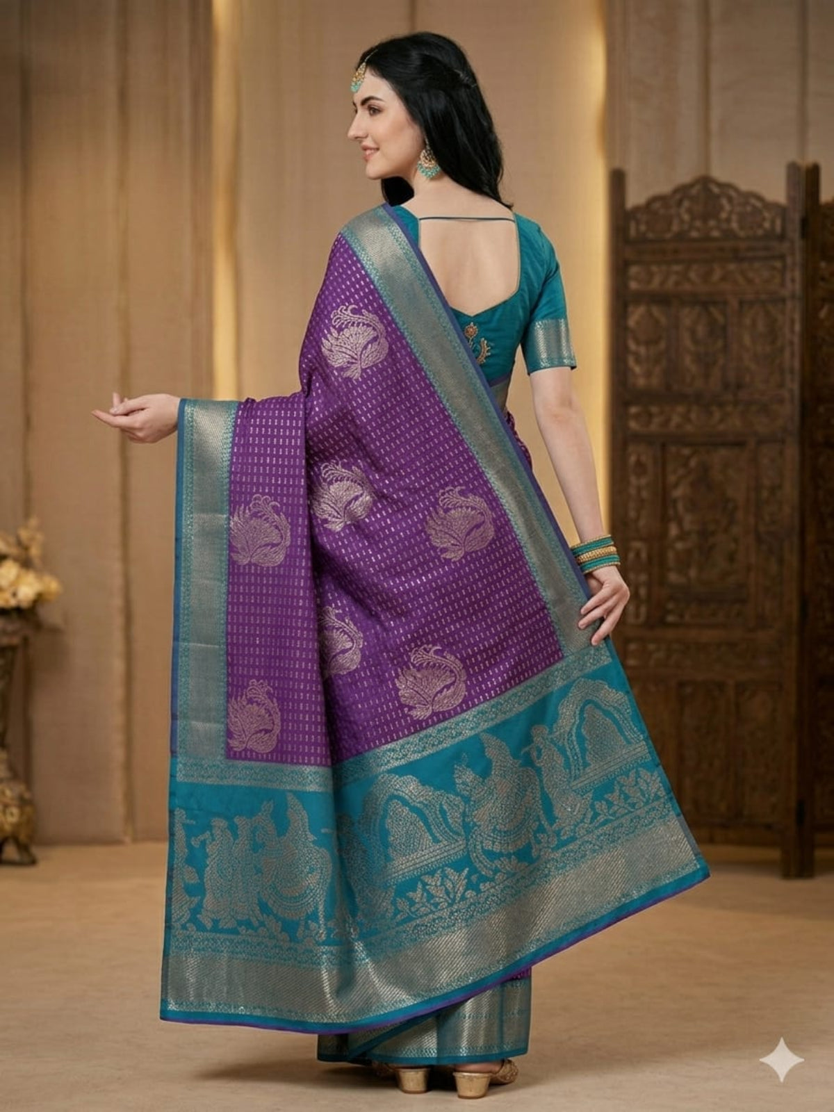 Fuchsia & Teal Heritage Silk Saree with Mythological Border
 - D00032