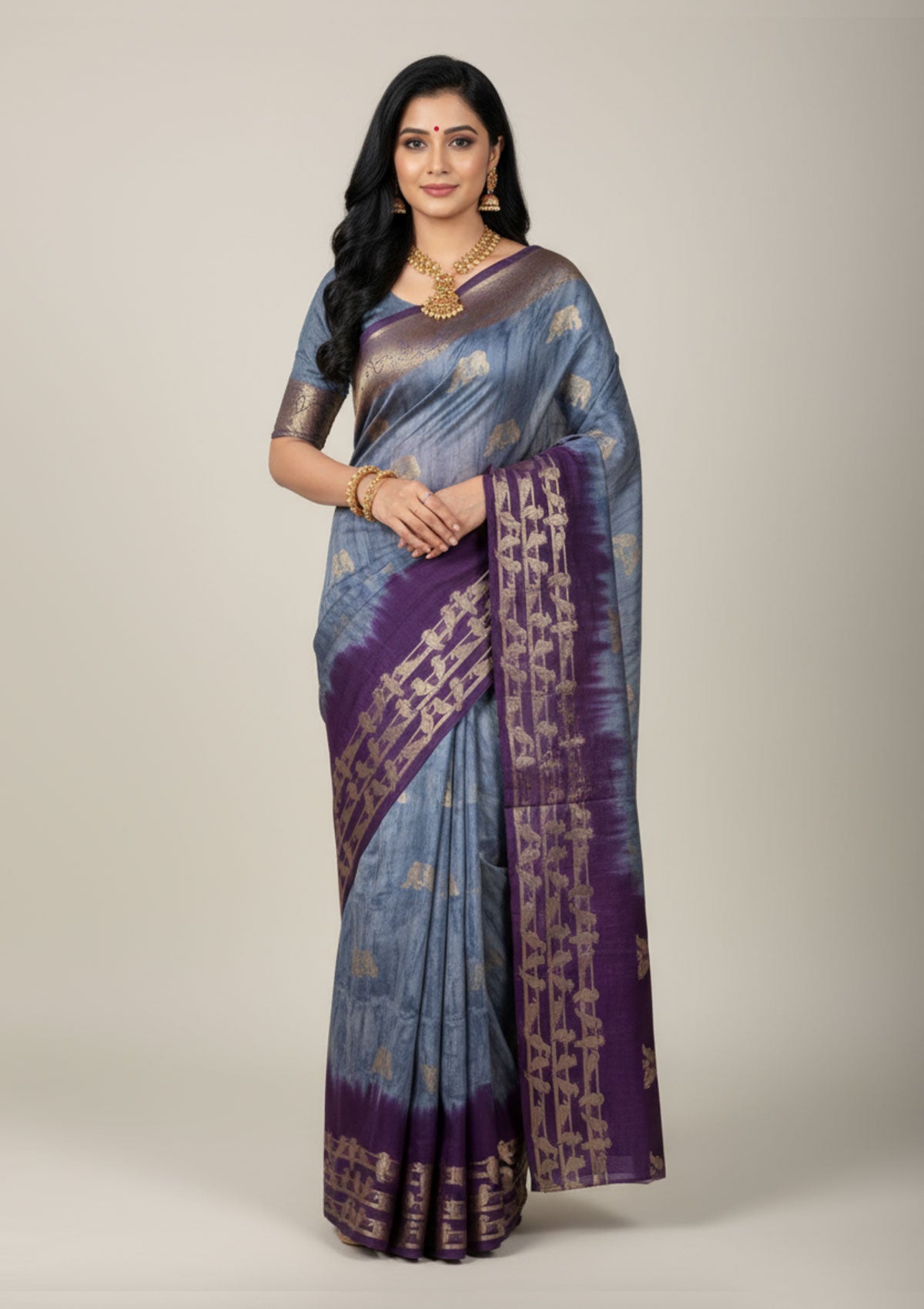 Elegant Grey & Purple Silk Saree with Zari Border