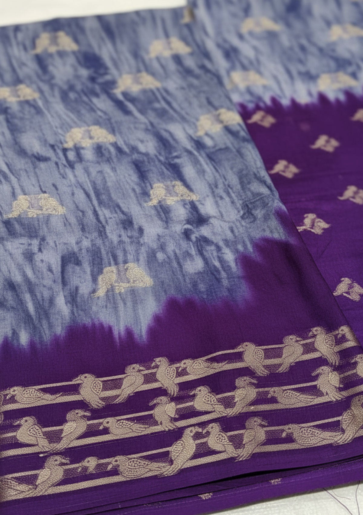 Elegant Grey & Purple Silk Saree with Zari Border