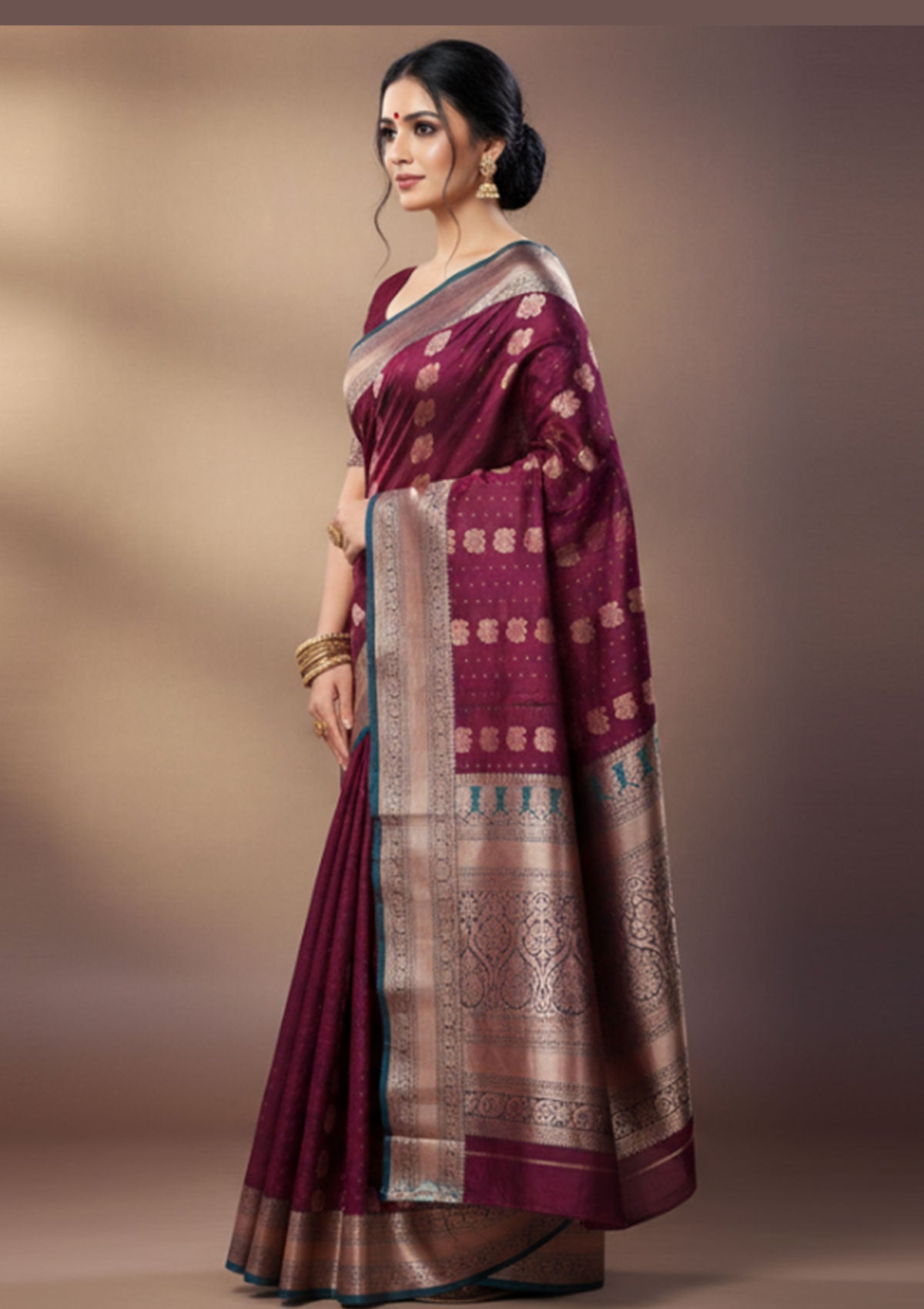 Elegant Banarasi Silk Saree – Dual Tone Teal Blue & Rich Maroon with Gold Zari Work