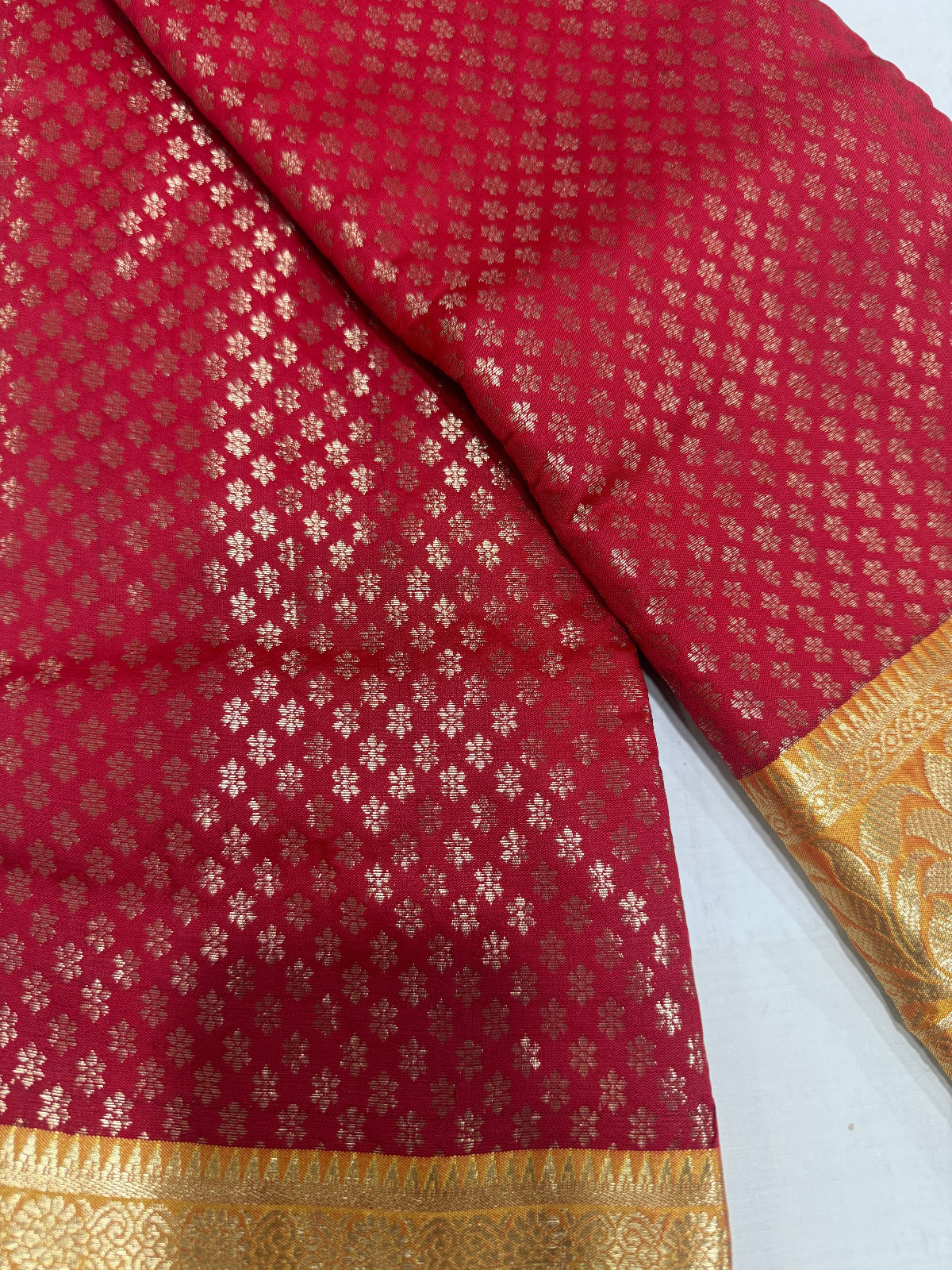 Red and gold soft silk semi pattu - D00052