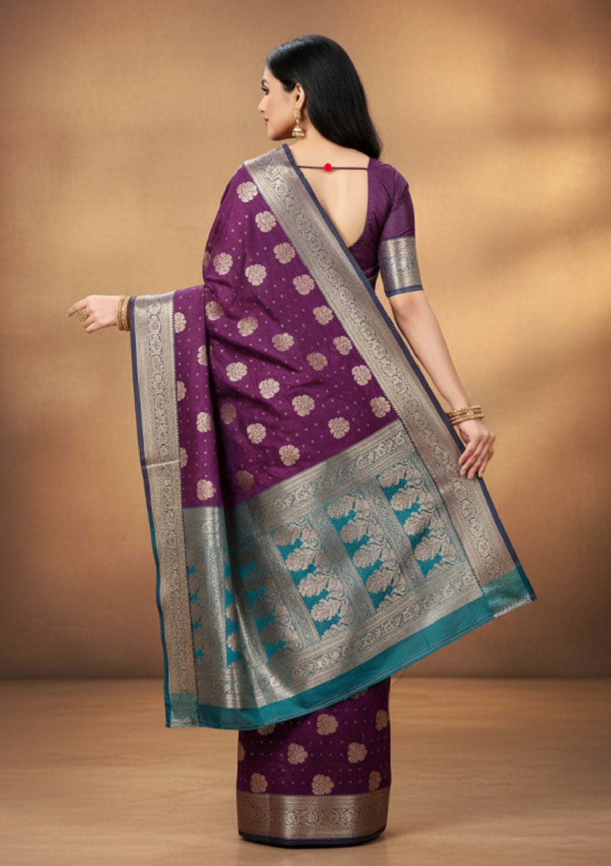 Elegant Banarasi Silk Saree – Dual Tone Teal Blue & Rich Maroon with Gold Zari Work