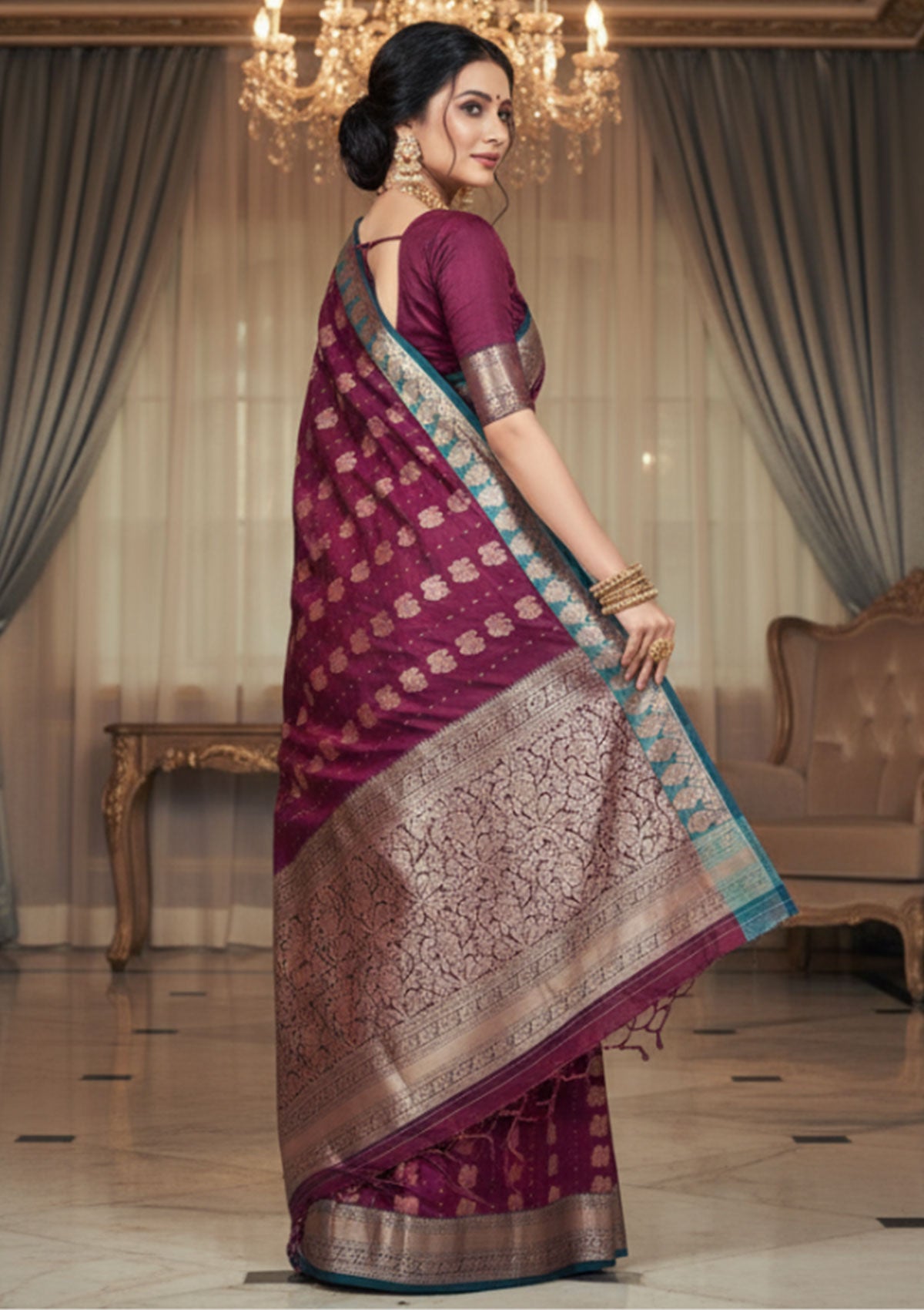 Elegant Banarasi Silk Saree – Dual Tone Teal Blue & Rich Maroon with Gold Zari Work