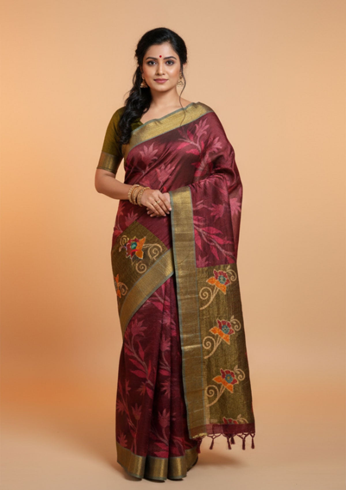 Luxurious Maroon & Olive Green Embroidered Banarasi Silk Saree with Gold Zari Border