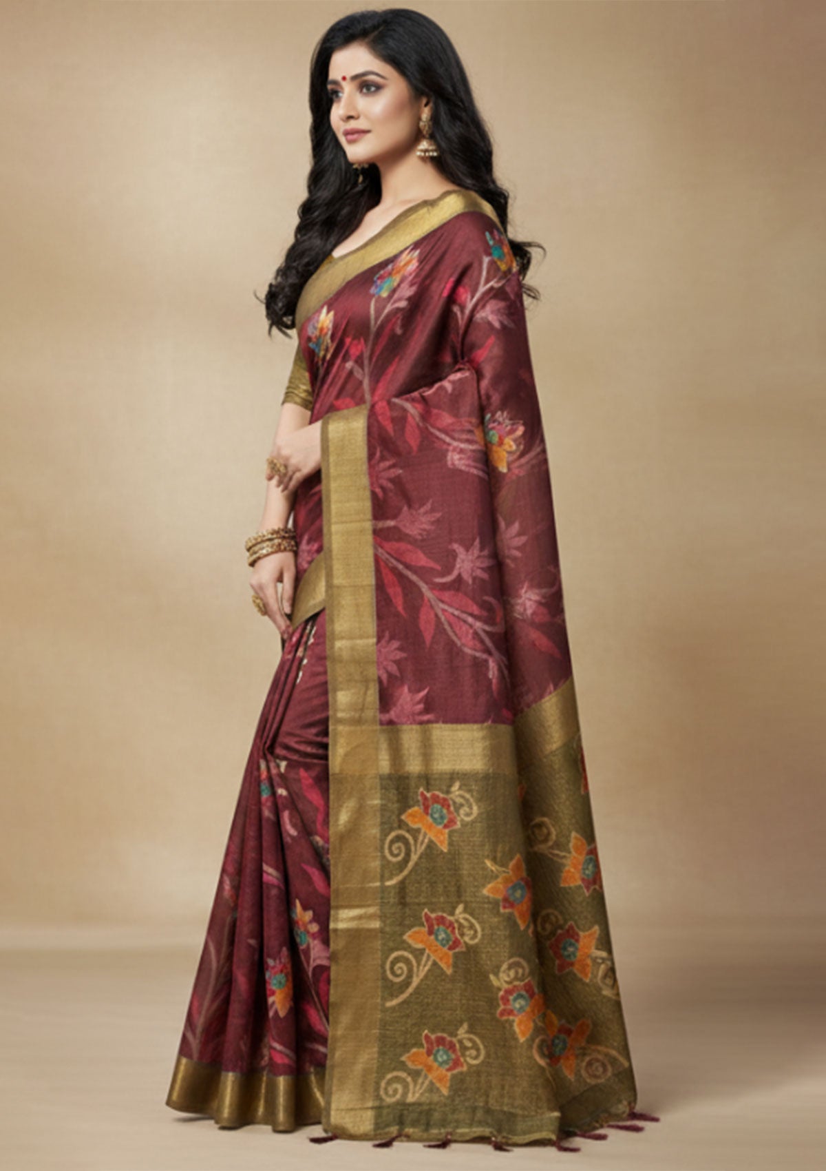 Luxurious Maroon & Olive Green Embroidered Banarasi Silk Saree with Gold Zari Border