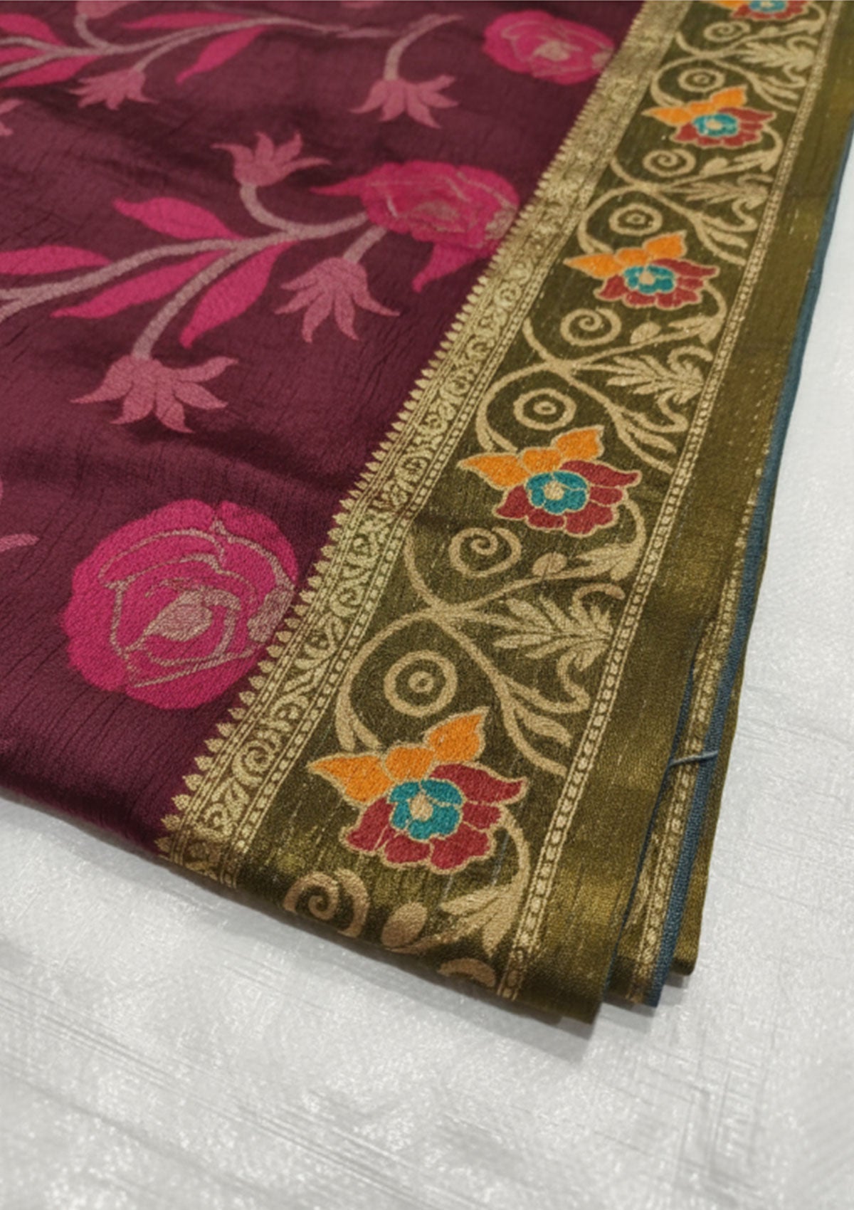 Luxurious Maroon & Olive Green Embroidered Banarasi Silk Saree with Gold Zari Border
