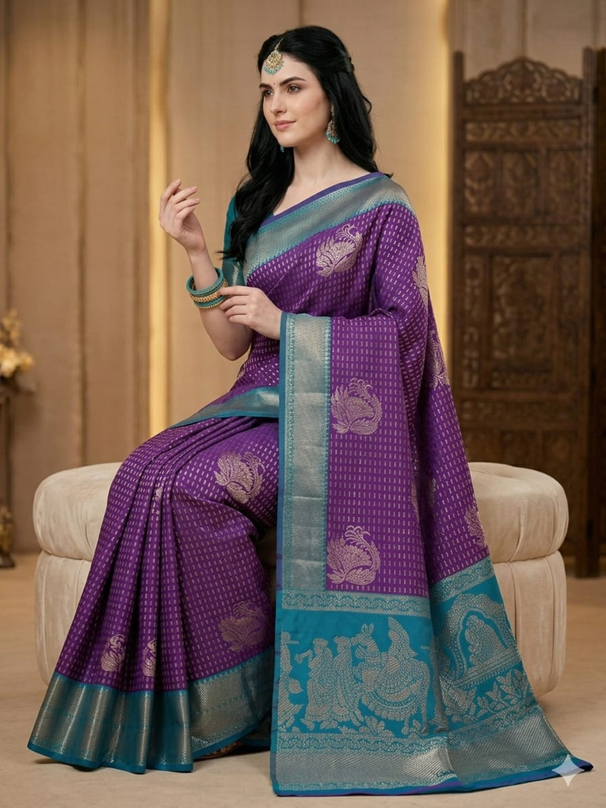 Fuchsia & Teal Heritage Silk Saree with Mythological Border
 - D00032