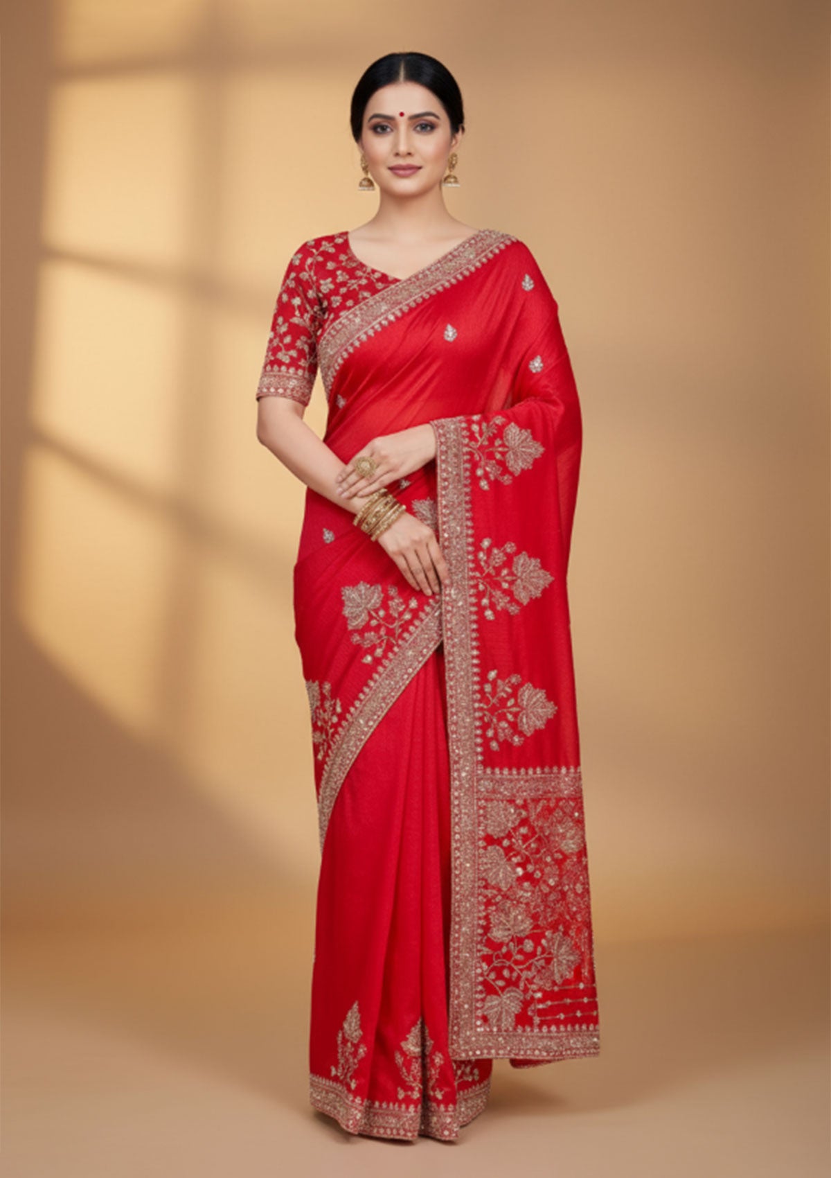 Luxurious Bright Red Banarasi Silk Saree with Silver Thread Embroidery & Beaded Border