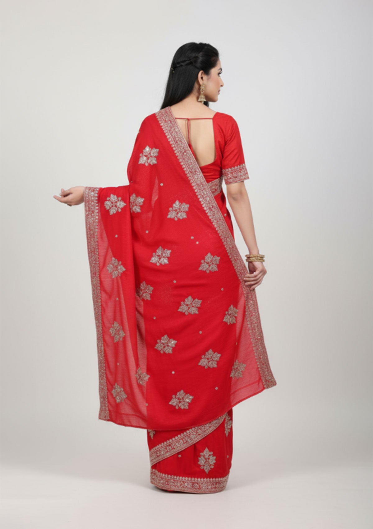 Luxurious Bright Red Banarasi Silk Saree with Silver Thread Embroidery & Beaded Border