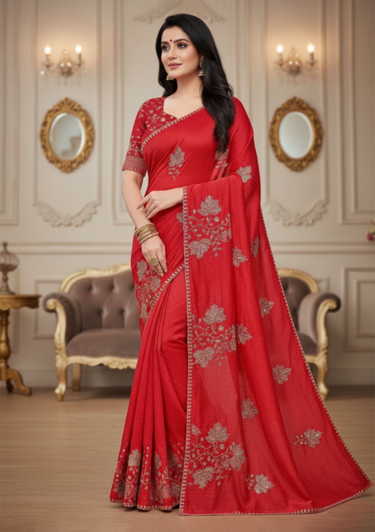 Luxurious Bright Red Banarasi Silk Saree with Silver Thread Embroidery & Beaded Border
