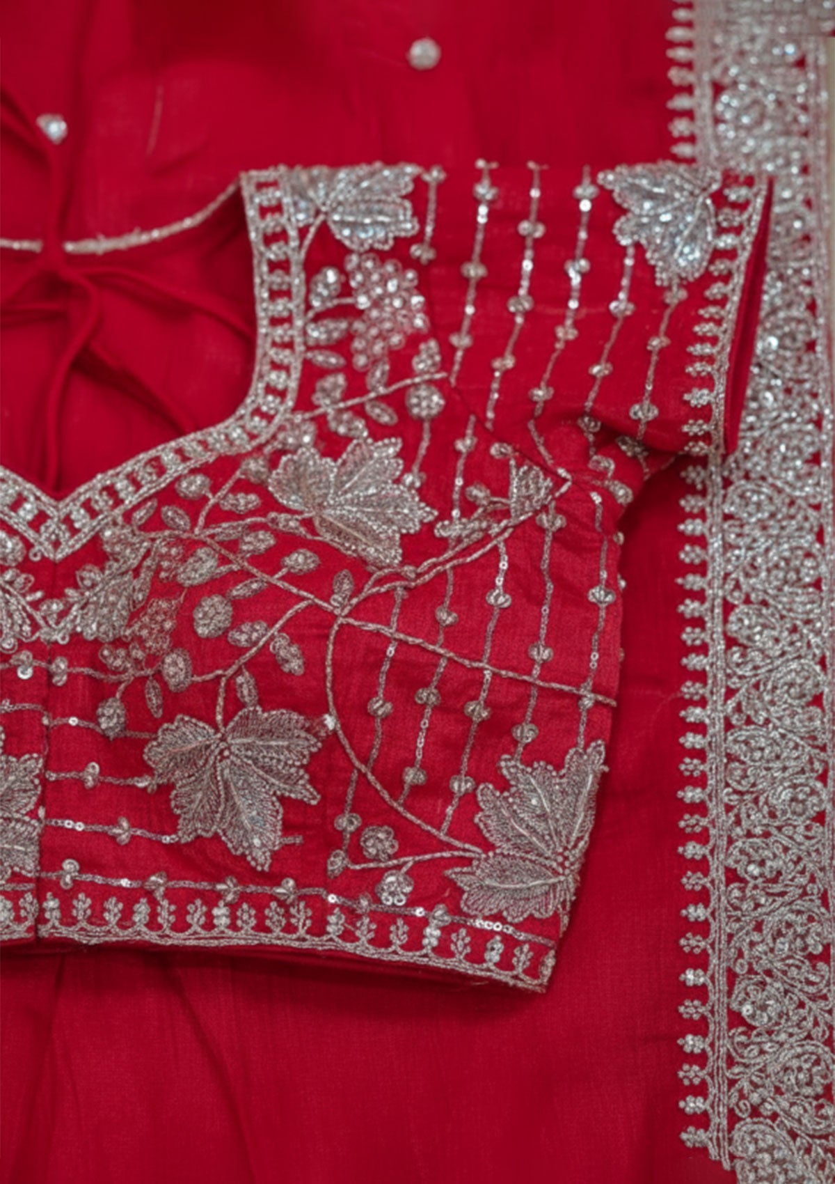 Luxurious Bright Red Banarasi Silk Saree with Silver Thread Embroidery & Beaded Border