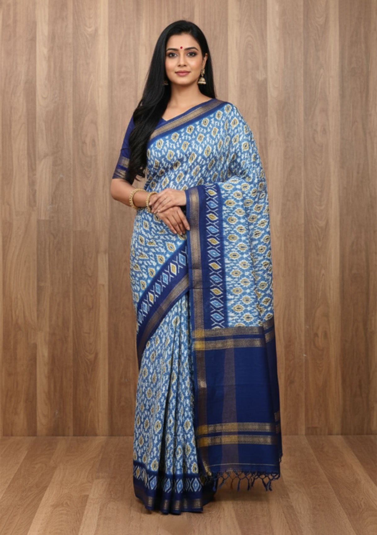 Premium Kesar Pista Blue Ikat Saree with Gold Diamond Motifs | Handwoven Cotton-Silk Blend