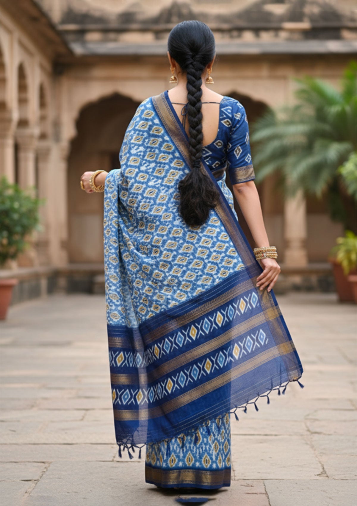 Premium Kesar Pista Blue Ikat Saree with Gold Diamond Motifs | Handwoven Cotton-Silk Blend