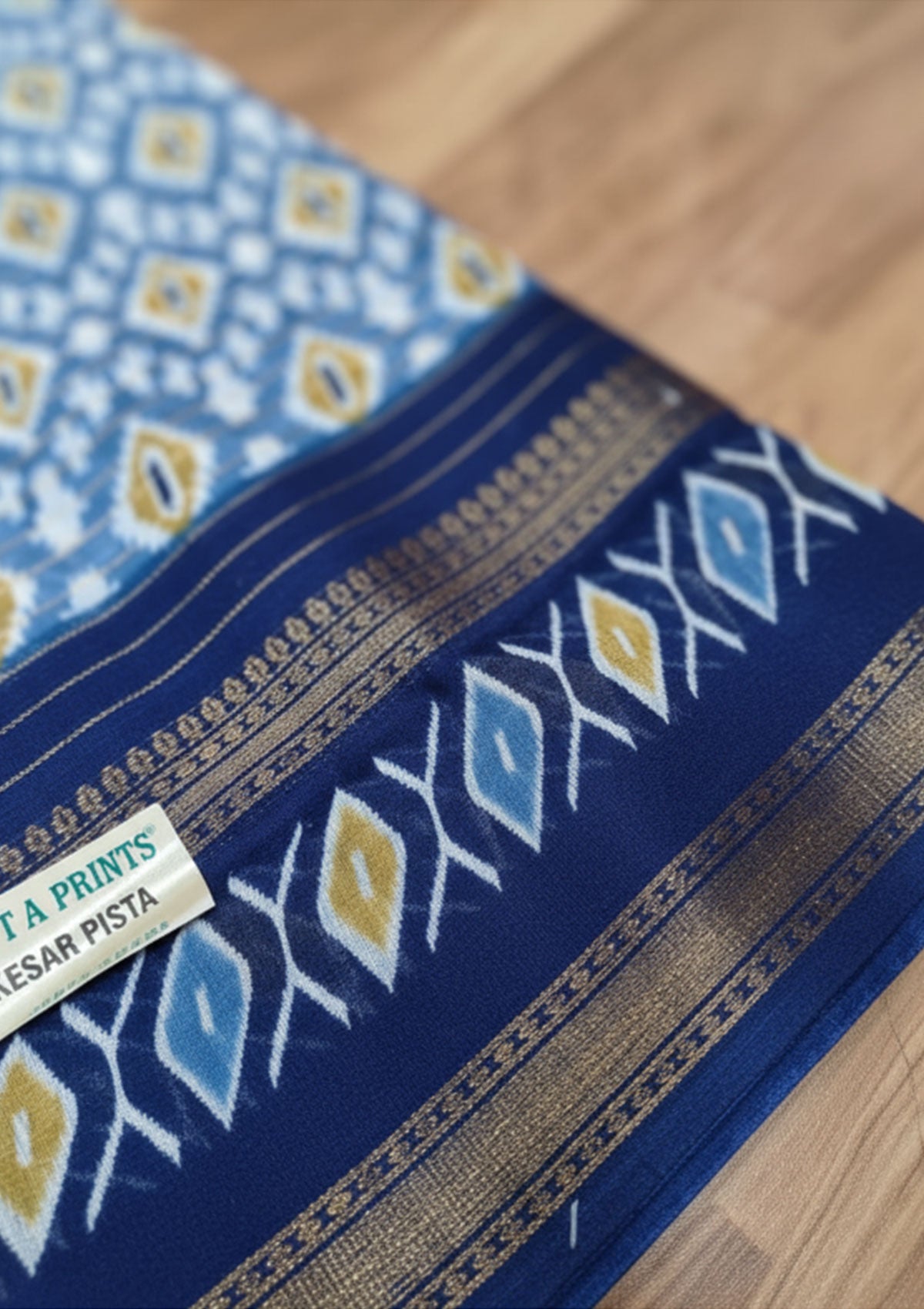 Premium Kesar Pista Blue Ikat Saree with Gold Diamond Motifs | Handwoven Cotton-Silk Blend