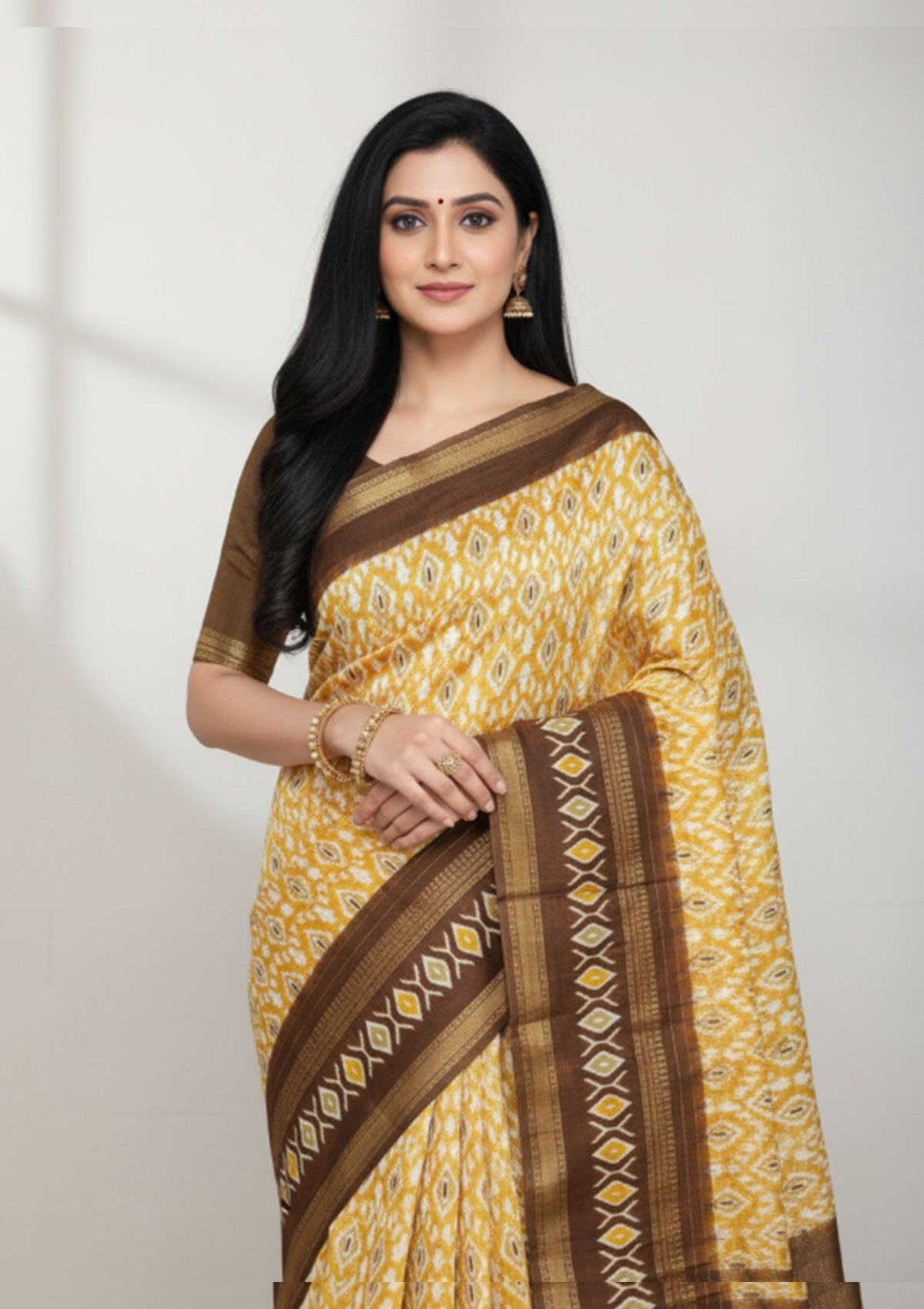 Premium Golden Yellow Ikat Saree with White Diamond Motifs & Brown Gold Pallu
