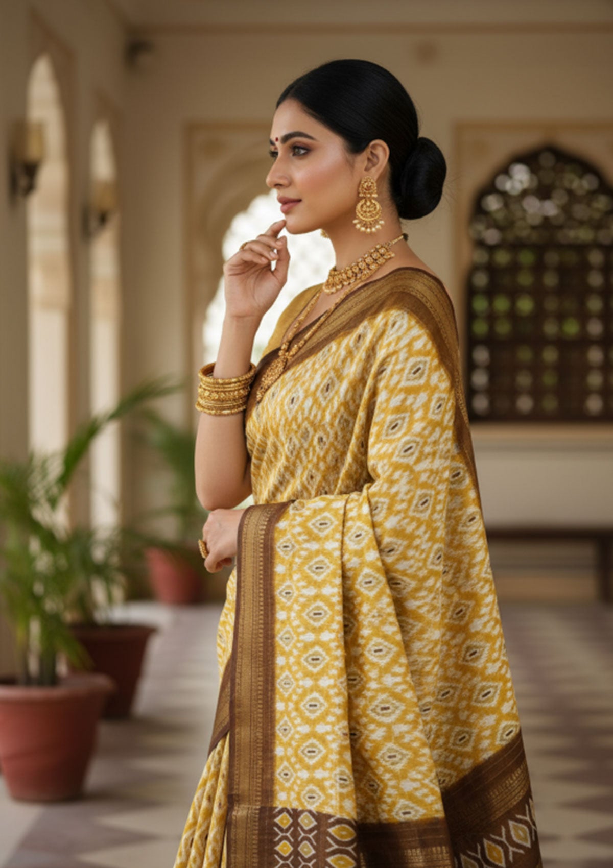 Premium Golden Yellow Ikat Saree with White Diamond Motifs & Brown Gold Pallu