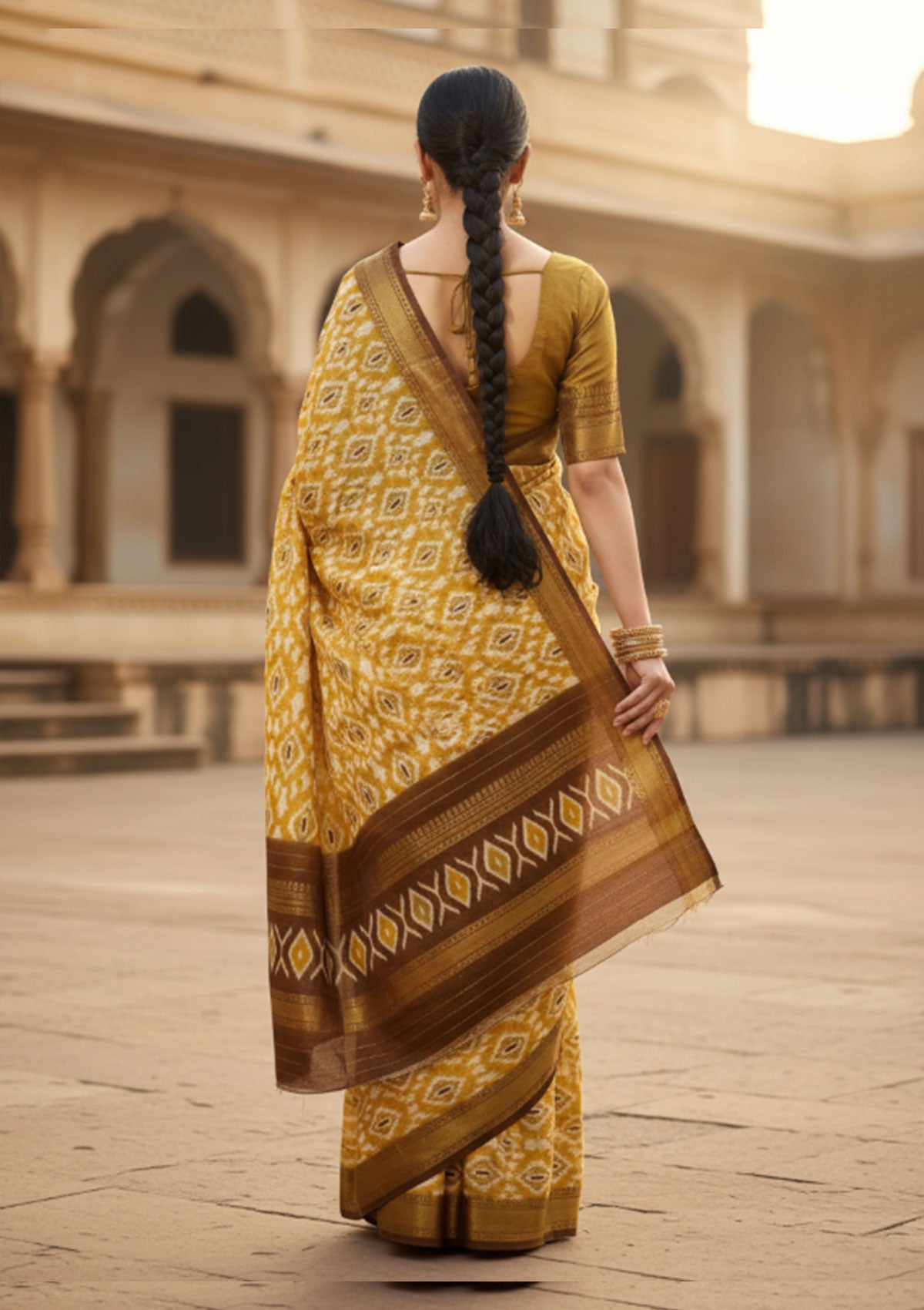 Premium Golden Yellow Ikat Saree with White Diamond Motifs & Brown Gold Pallu