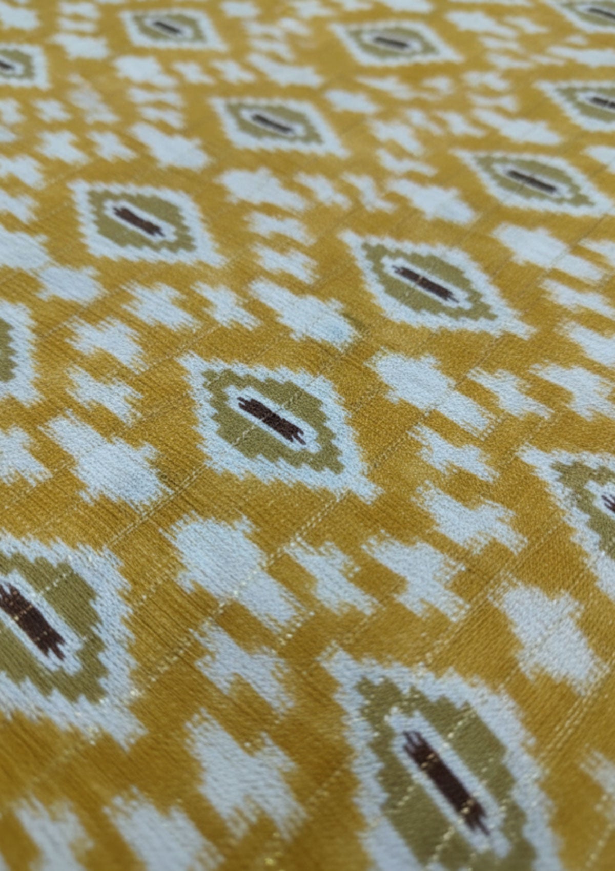 Premium Golden Yellow Ikat Saree with White Diamond Motifs & Brown Gold Pallu