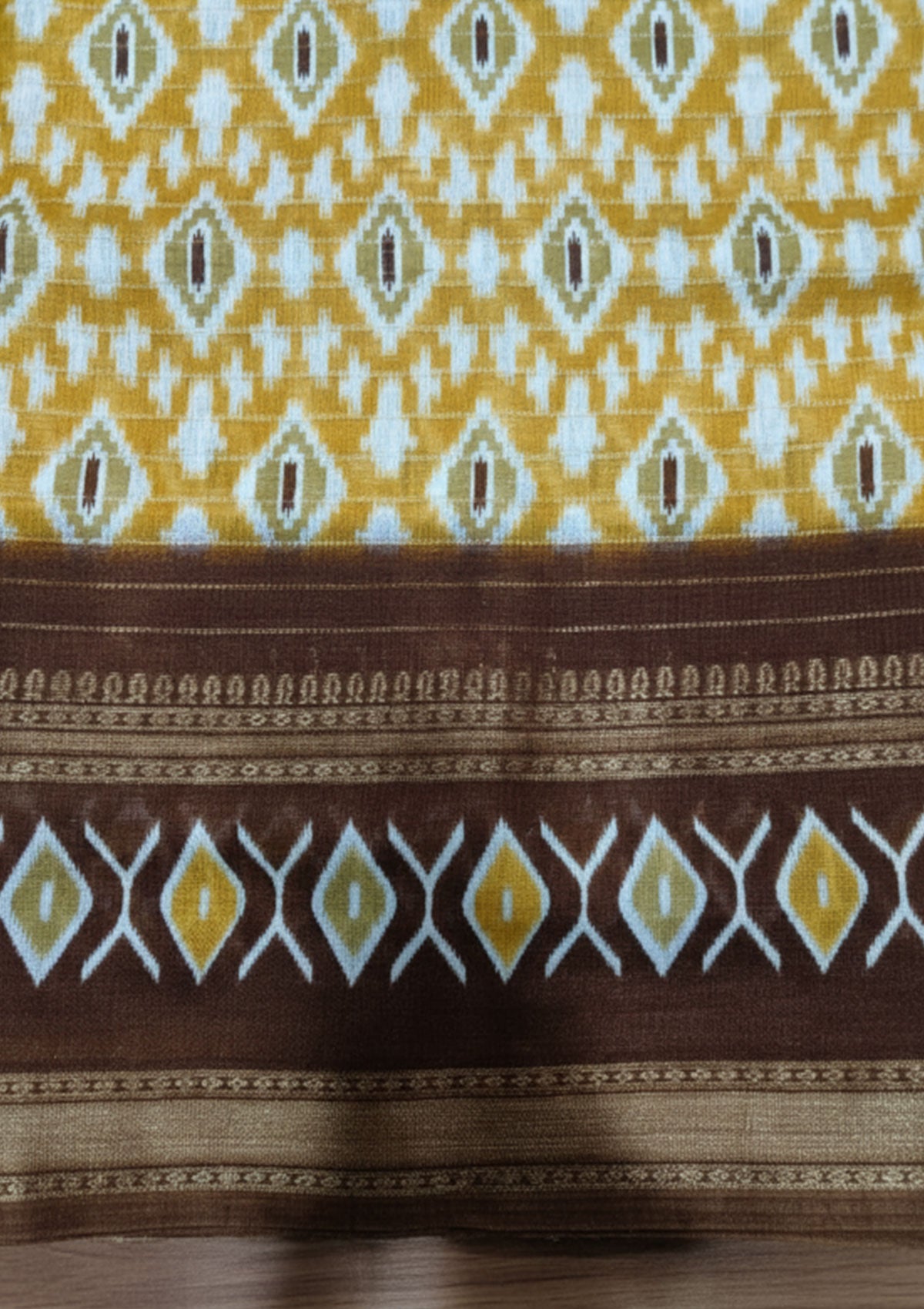 Premium Golden Yellow Ikat Saree with White Diamond Motifs & Brown Gold Pallu