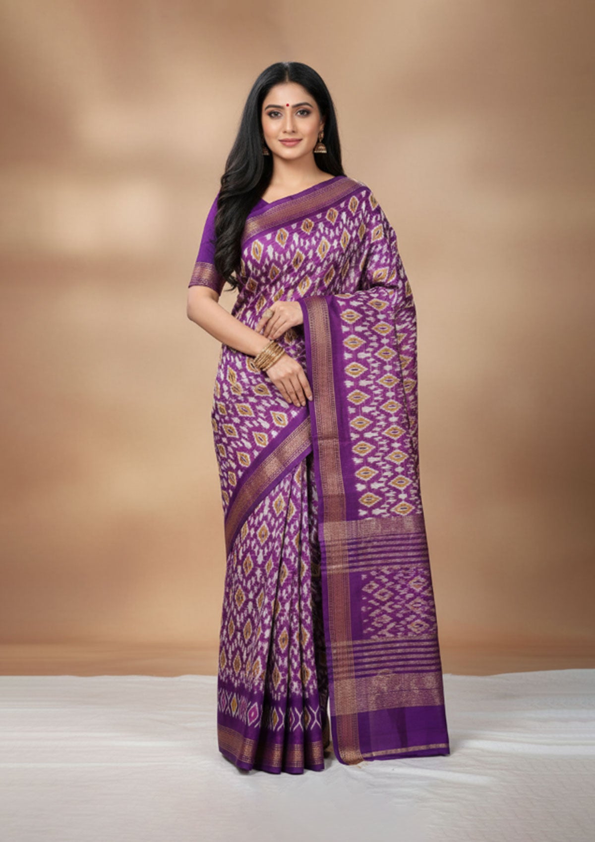 Purple Ikat Silk Saree with Golden Zari Border