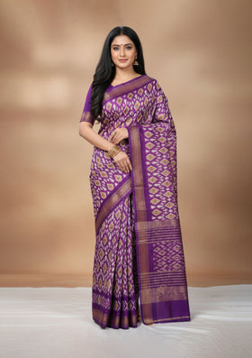 Purple Ikat Silk Saree with Golden Zari Border