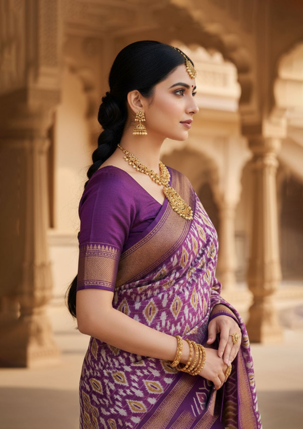 Purple Ikat Silk Saree with Golden Zari Border