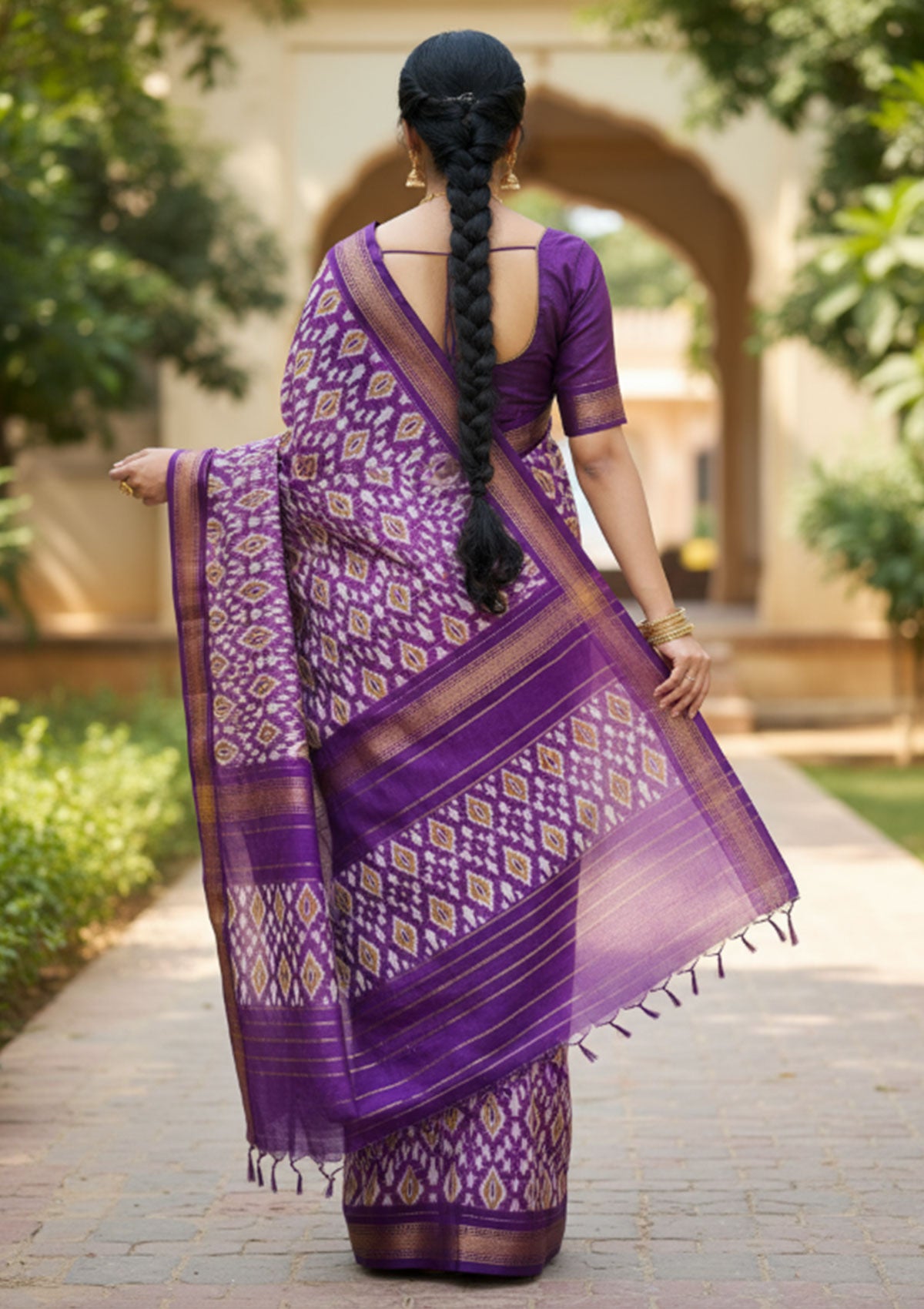 Purple Ikat Silk Saree with Golden Zari Border