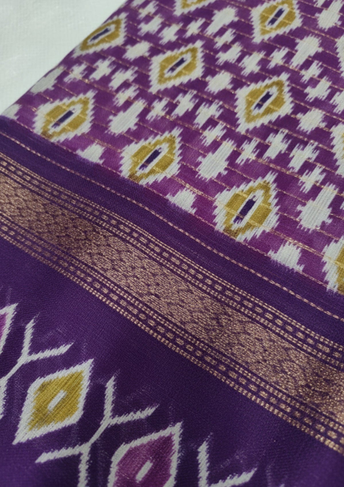Purple Ikat Silk Saree with Golden Zari Border