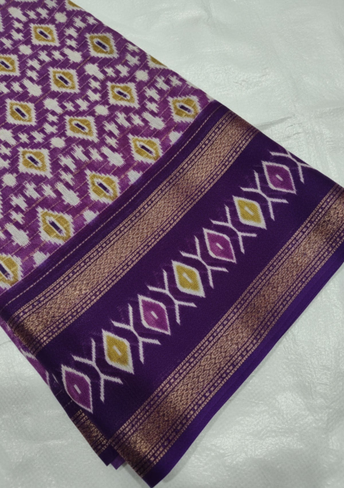 Purple Ikat Silk Saree with Golden Zari Border