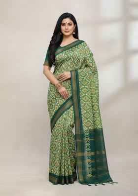 Premium Green Ikat Saree with Gold & White Diamond Motifs