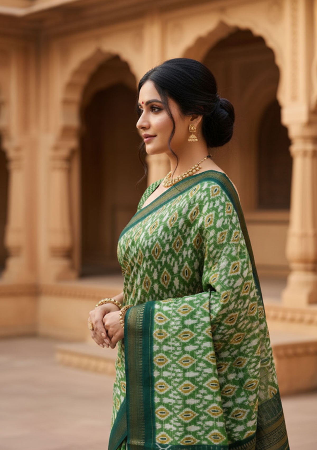 Premium Green Ikat Saree with Gold & White Diamond Motifs