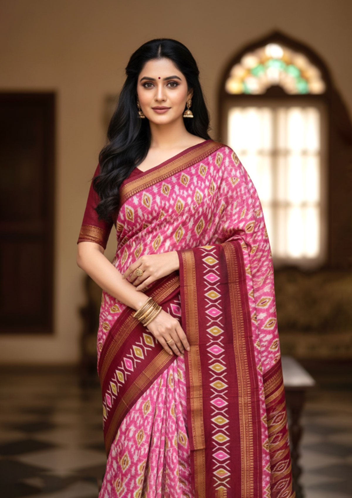 Premium Magenta Pink Ikat Saree with Gold & White Diamond Motifs