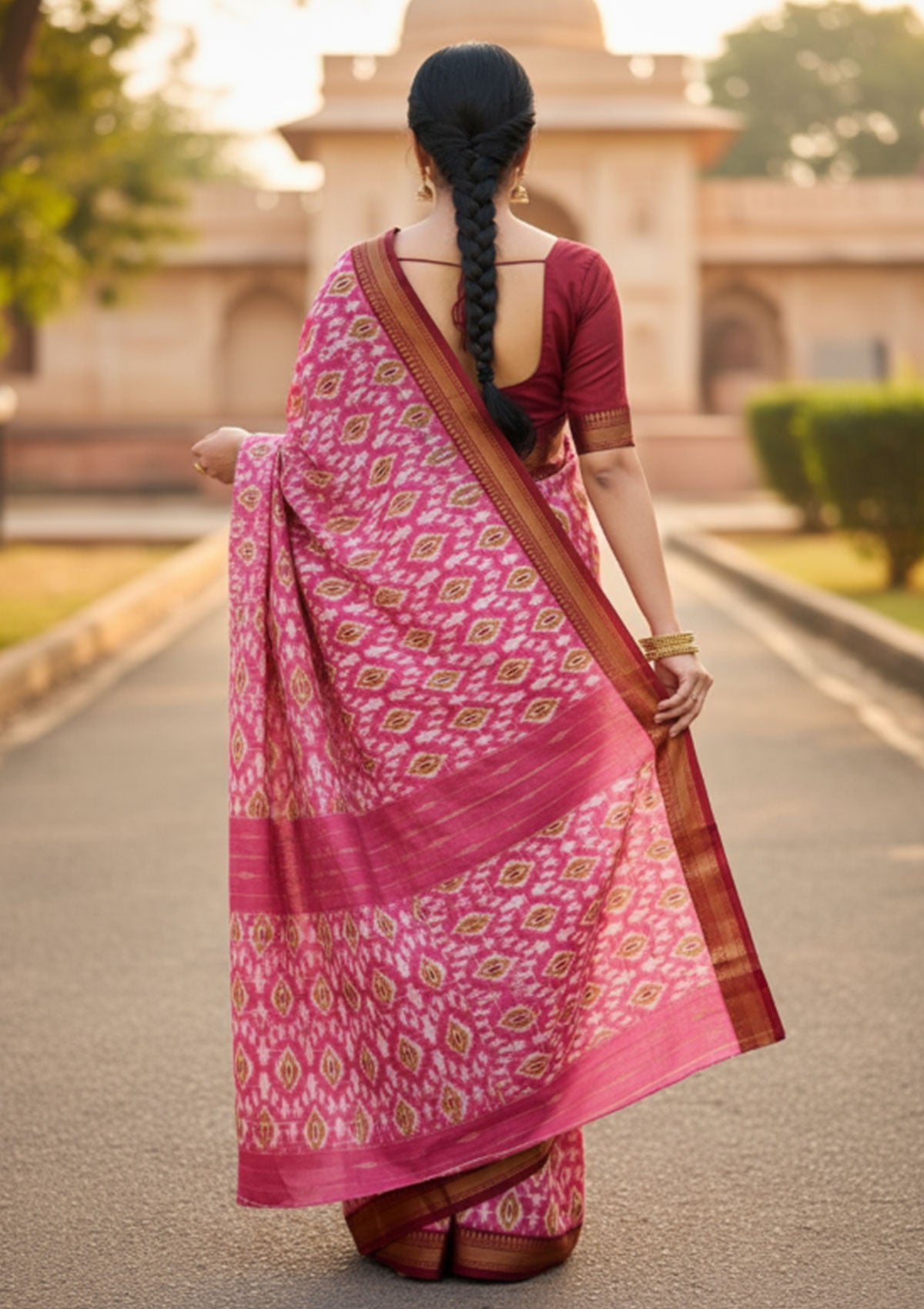 Premium Magenta Pink Ikat Saree with Gold & White Diamond Motifs