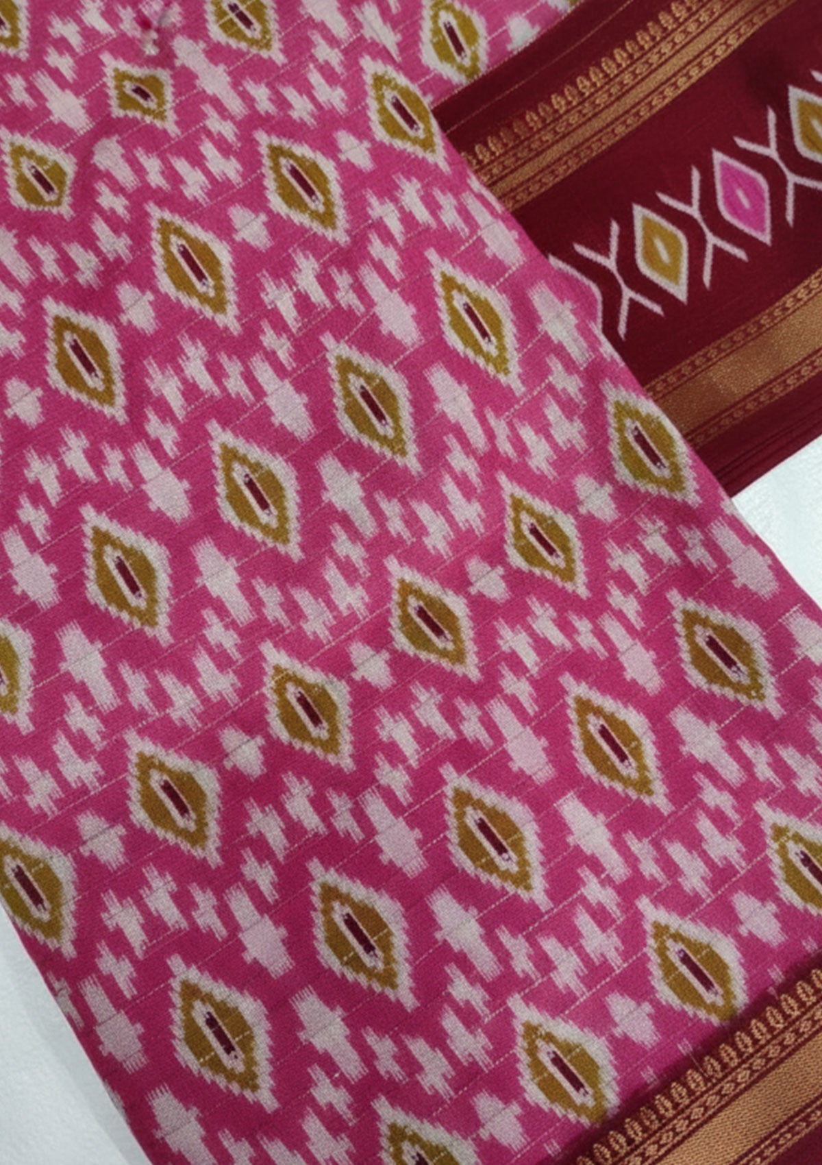 Premium Magenta Pink Ikat Saree with Gold & White Diamond Motifs