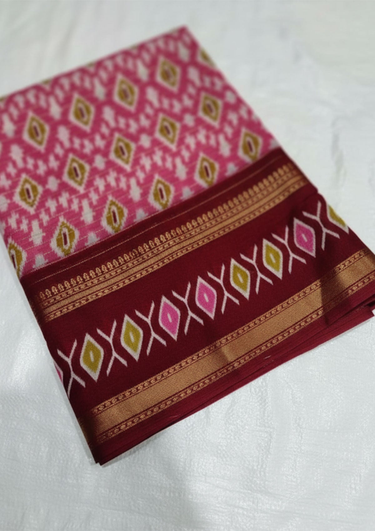 Premium Magenta Pink Ikat Saree with Gold & White Diamond Motifs