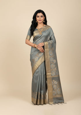 Premium Grey Saree with Golden Embroidered Border