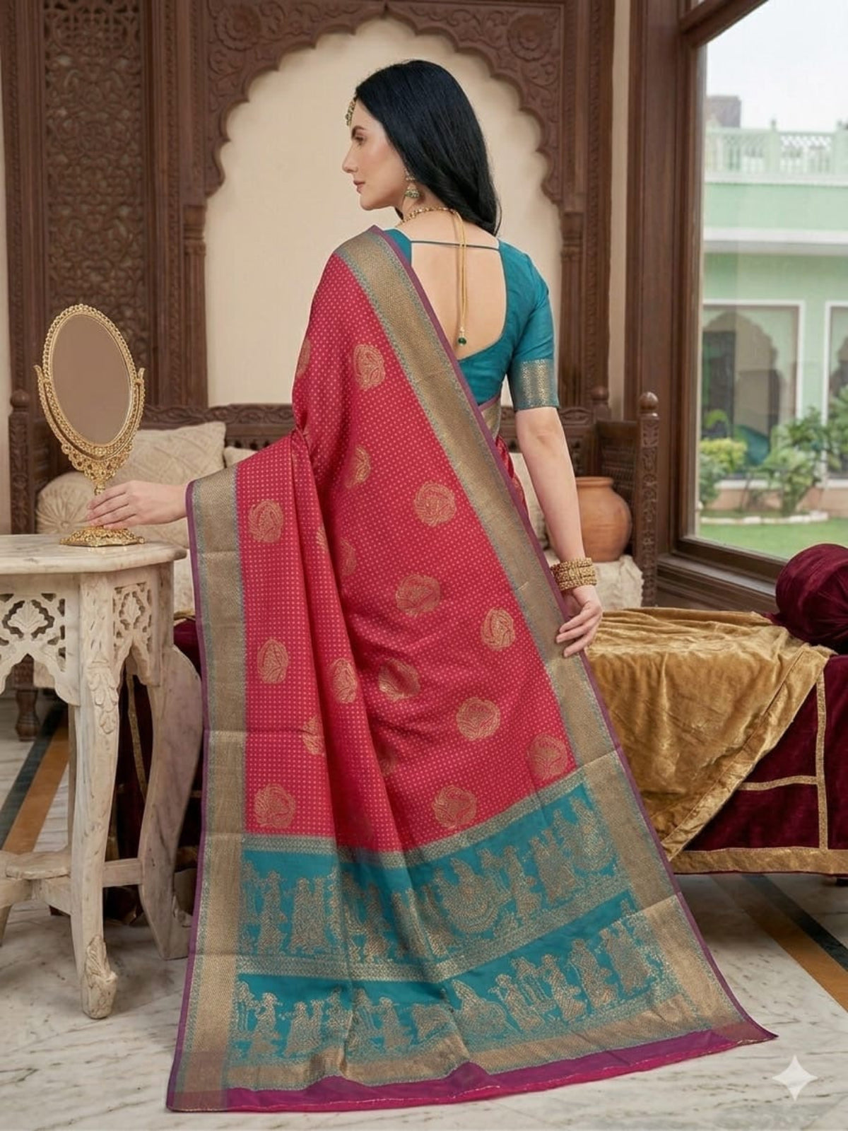 Fuchsia & Teal Heritage Silk Saree with Mythological Border
 - D00031