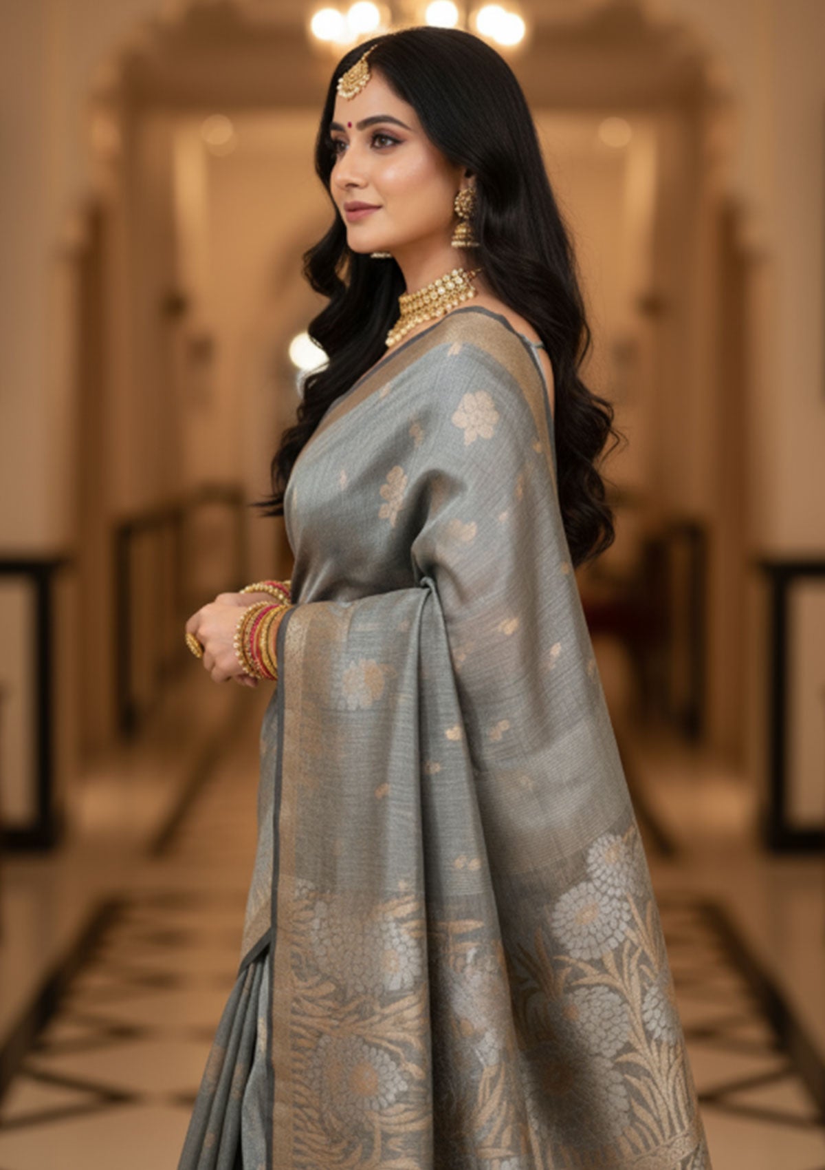 Premium Grey Saree with Golden Embroidered Border