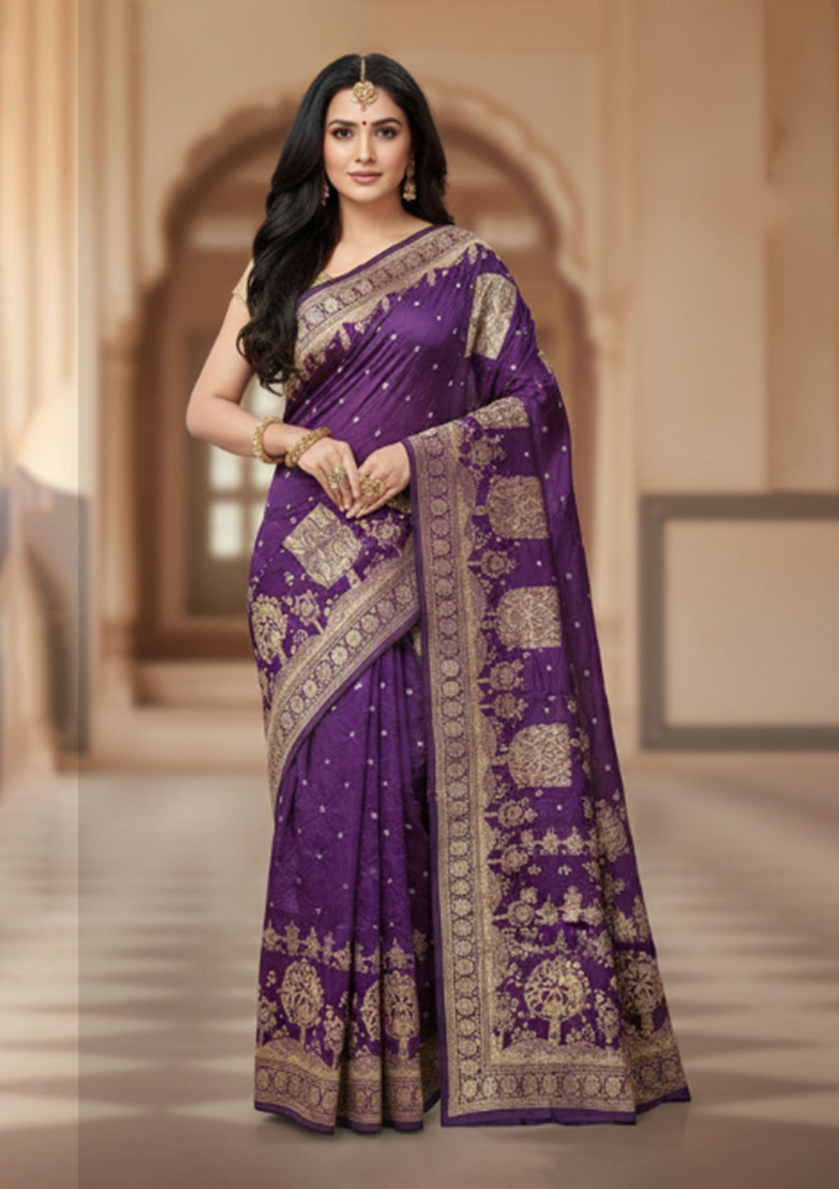 Premium Purple Banarasi Saree with Gold Embroidered Motifs