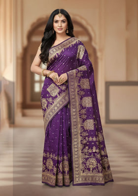Premium Purple Banarasi Saree with Gold Embroidered Motifs