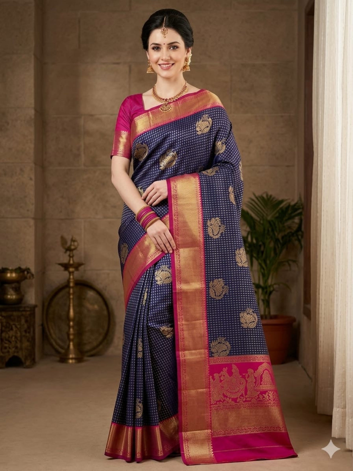 Fuchsia & Teal Heritage Silk Saree with Mythological Border
 - D00033