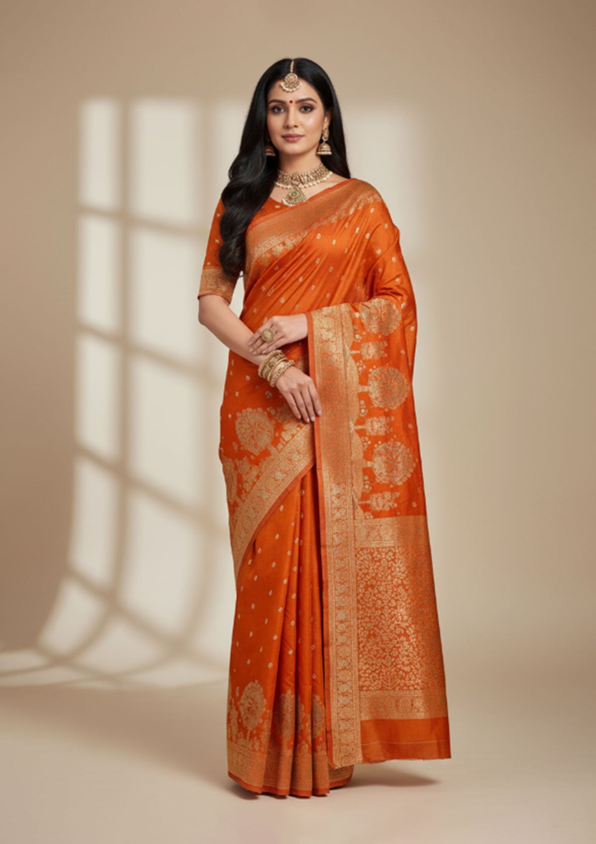 Premium Rust Orange Banarasi Saree with Gold Embroidered Pallu