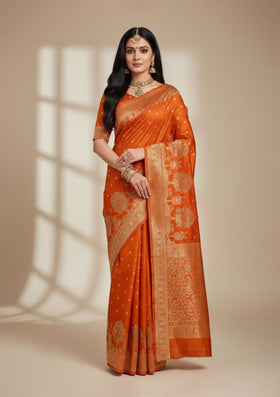 Premium Rust Orange Banarasi Saree with Gold Embroidered Pallu