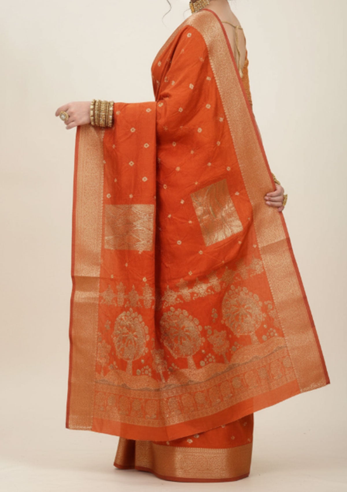 Premium Rust Orange Banarasi Saree with Gold Embroidered Pallu