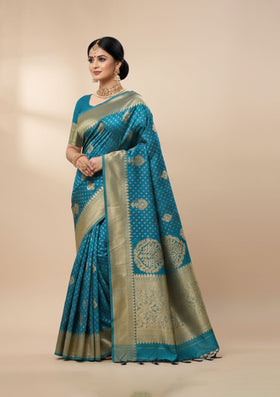 Premium Teal Blue Banarasi Saree with Gold Embroidered Pallu