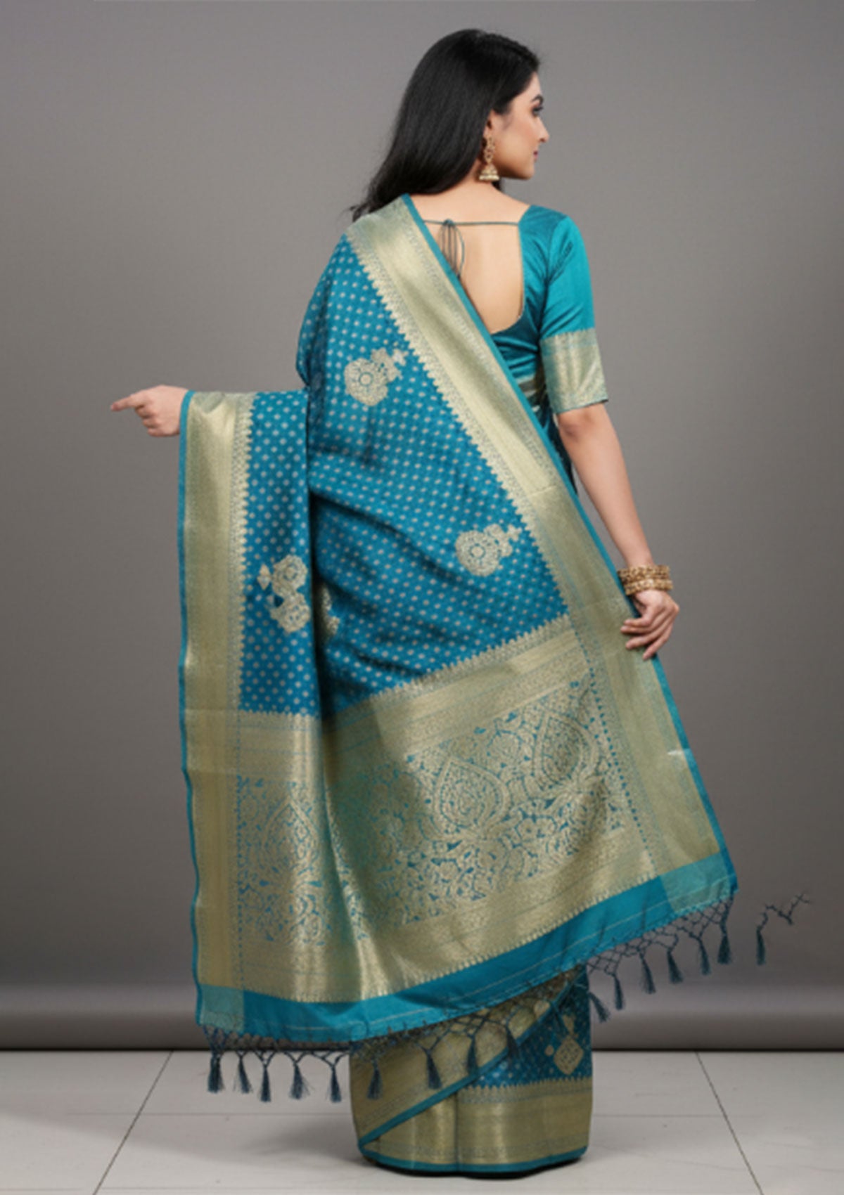 Premium Teal Blue Banarasi Saree with Gold Embroidered Pallu