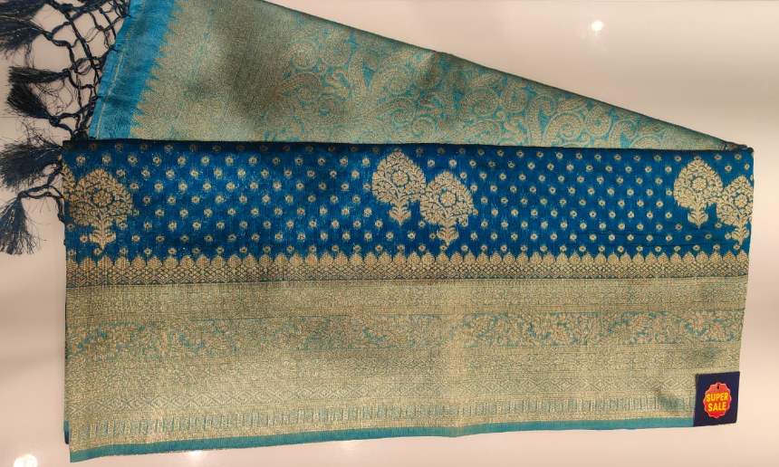Premium Teal Blue Banarasi Saree with Gold Embroidered Pallu